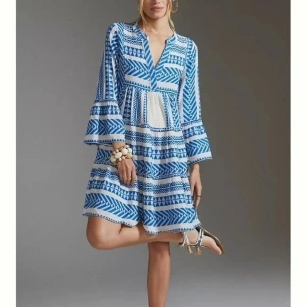 Devotion Twins Ella Blue White Geometric Cotton‎ Tiered Mini Dress Boho Small d1